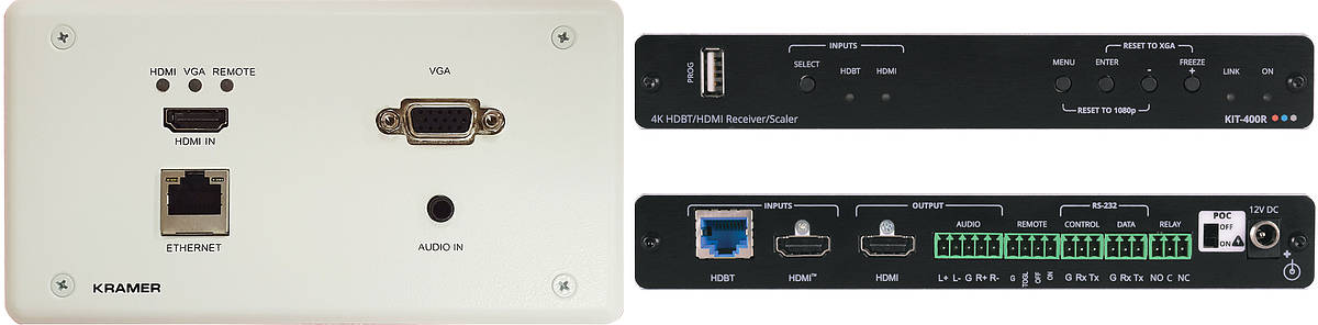 Kramer KIT-401 2:1 4K Auto-Switcher/Scaler Kit over HDBaseT wall plate transmitter and compact receiver product image. Click to enlarge.