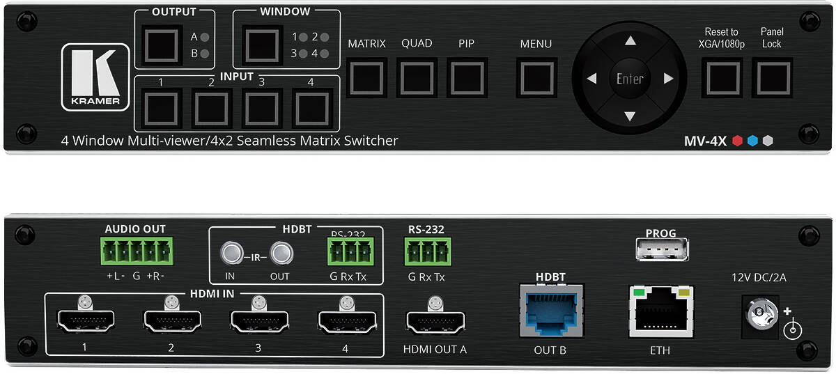 Kramer MV-4X 4×2 4K HDMI Multi-Window Seamless Matrix Switcher product image. Click to enlarge.