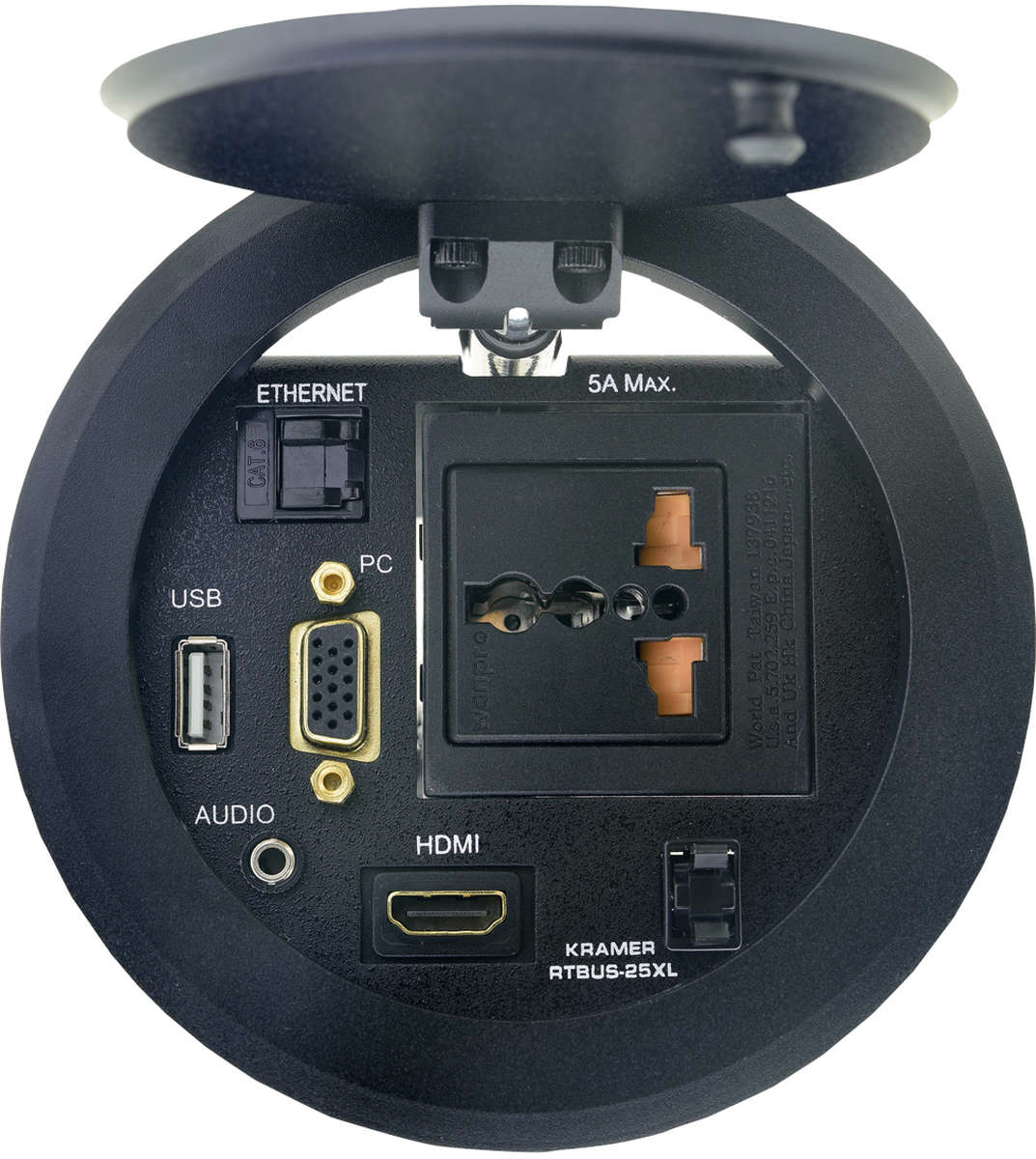 Kramer RTBUS-25xl Round Table Mount Multi Connection, 110mm cutout product image. Click to enlarge.