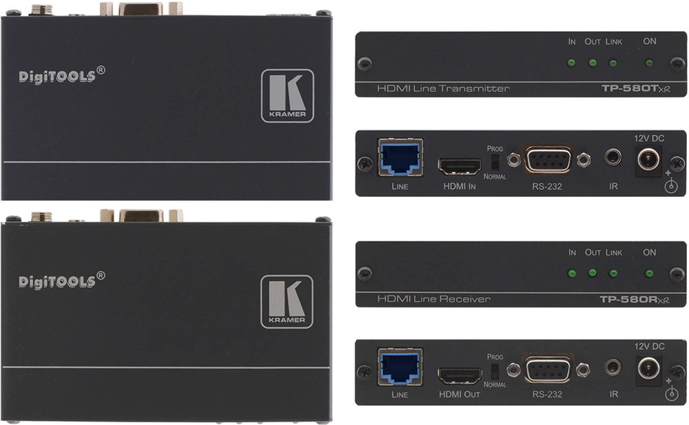 Kramer TP-580Txr/Rxr 1:1 HDBaseT HDMI/RS-232/IR over extended range Twisted Pair Extender Kit product image. Click to enlarge.