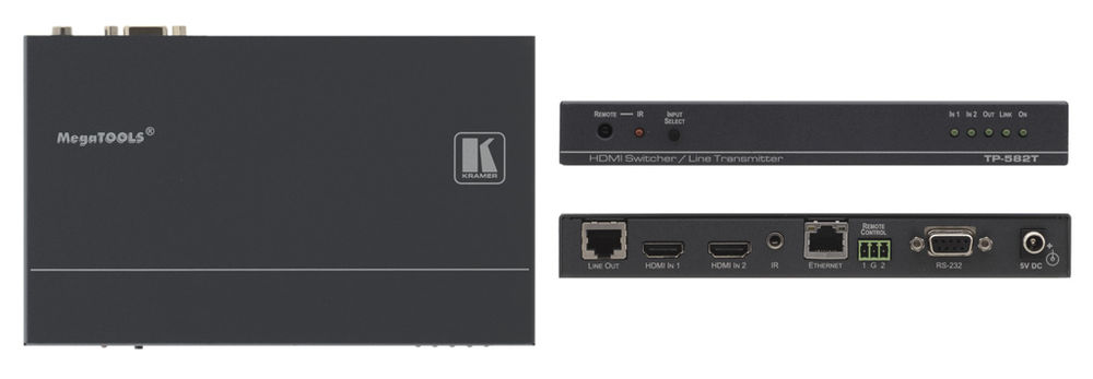 Kramer TP-582T 2:1 HDBaseT HDMI/Ethernet/RS-232/IR over Twisted Pair Transmitter/Switcher product image. Click to enlarge.