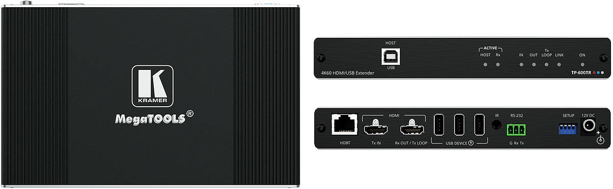 Kramer TP-600TR 1:1 4K60 4:4:4 HDMI / USB / RS-232 / IR over HDBaseT 3.0 extender product image. Click to enlarge.