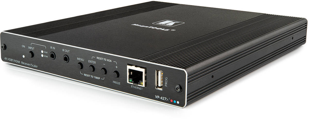 Kramer VP-427X1 2:1 4K 60Hz HDMI HDBaseT Receiver/Scaler with PoH, Ethernet, RS-232 and IR product image. Click to enlarge.
