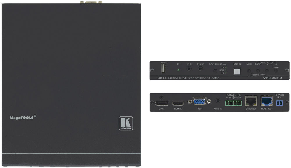 Kramer VP-428H2 3:1 4K60 4:4:4 HDCP 2.2 DisplayPort, HDMI & VGA Auto Switcher/Scaler and PoH Provider over HDBaseT product image. Click to enlarge.