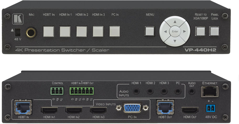Kramer VP-440H2 5:1×2 4K60 4:4:4 Presentation Switcher/Scaler with HDBaseT & HDMI Simultaneous Outputs product image. Click to enlarge.