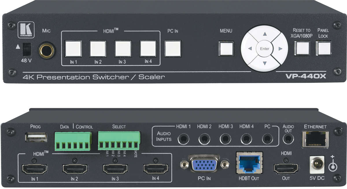 Kramer VP-440X 5:1×2 4K60 4:4:4 Presentation Switcher/Scaler with HDBaseT & HDMI Simultaneous Outputs product image. Click to enlarge.