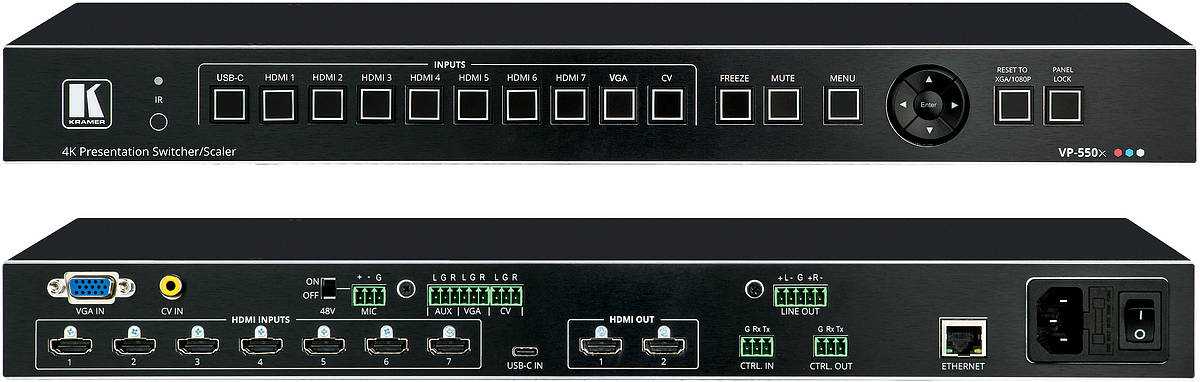 Kramer VP-550X 10:1×2 18G 4K HDMI 2.0 / USB-C / VGA presentation switcher and scaler with audio product image. Click to enlarge.