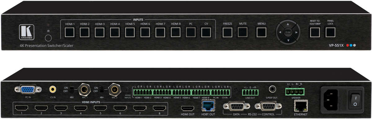 Kramer VP-551X 10:1×2 18G 4K HDMI 2.0 presentation switcher and scaler with audio product image. Click to enlarge.
