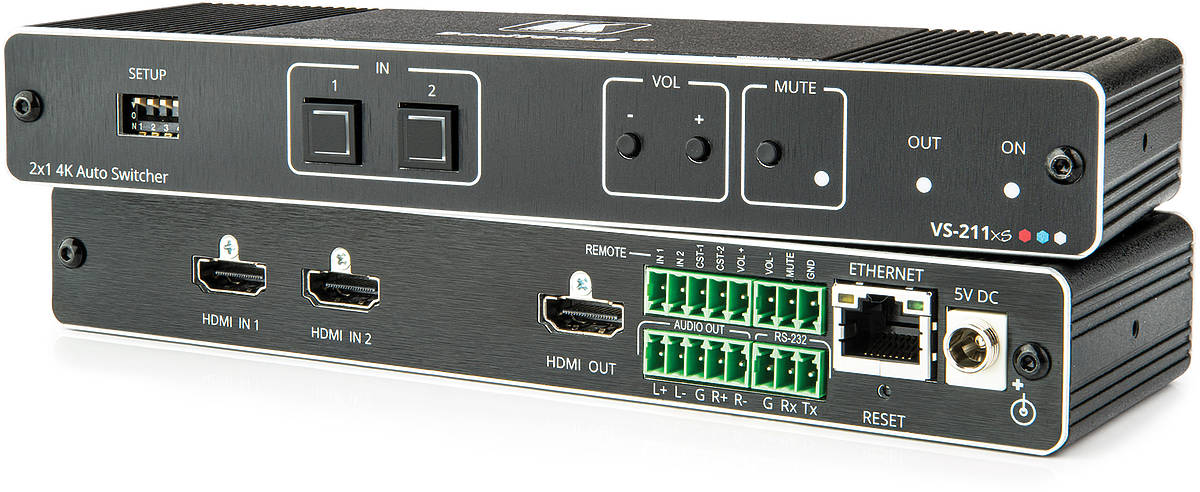 Kramer VS-211XS 2:1 4K 60Hz 4:4:4 HDR HDMI 2.0 Intelligent Auto Switcher with audio de-embedding product image. Click to enlarge.