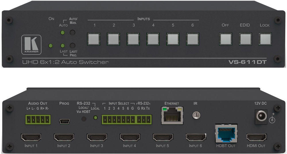 Kramer VS-611DT 6:1×2 4K 60Hz HDMI/HDBaseT Auto/Manual Switcher product image. Click to enlarge.