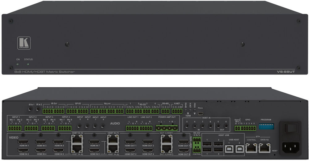 Kramer VS-88UT 8×8 4K60 4:2:0 HDMI/HDBaseT 2.0 Matrix Switcher and Master Room Controller with PoH & Power Amplifier product image. Click to enlarge.