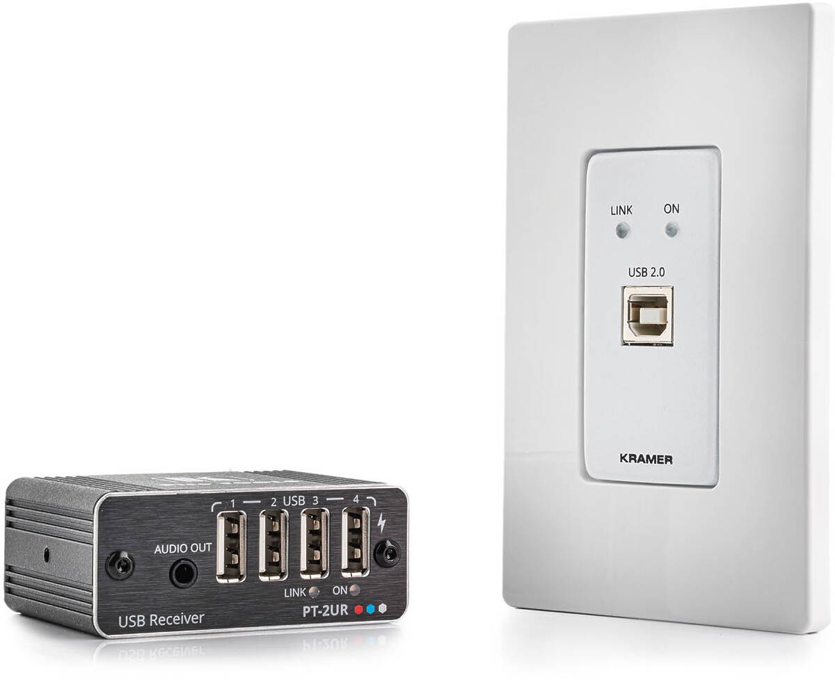 Kramer WP-2UT/R-KIT 1:4 USB 2.0 PoC Wall-Plate Extender over Twisted Pair transmitter and receiver kit product image. Click to enlarge.
