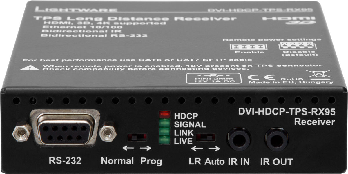 Lightware DVI-HDCP-TPS-RX95 1:1 HDBaseT DVI/IR/RS-232/Ethernet/PoH over Twisted Pair Receiver product image. Click to enlarge.
