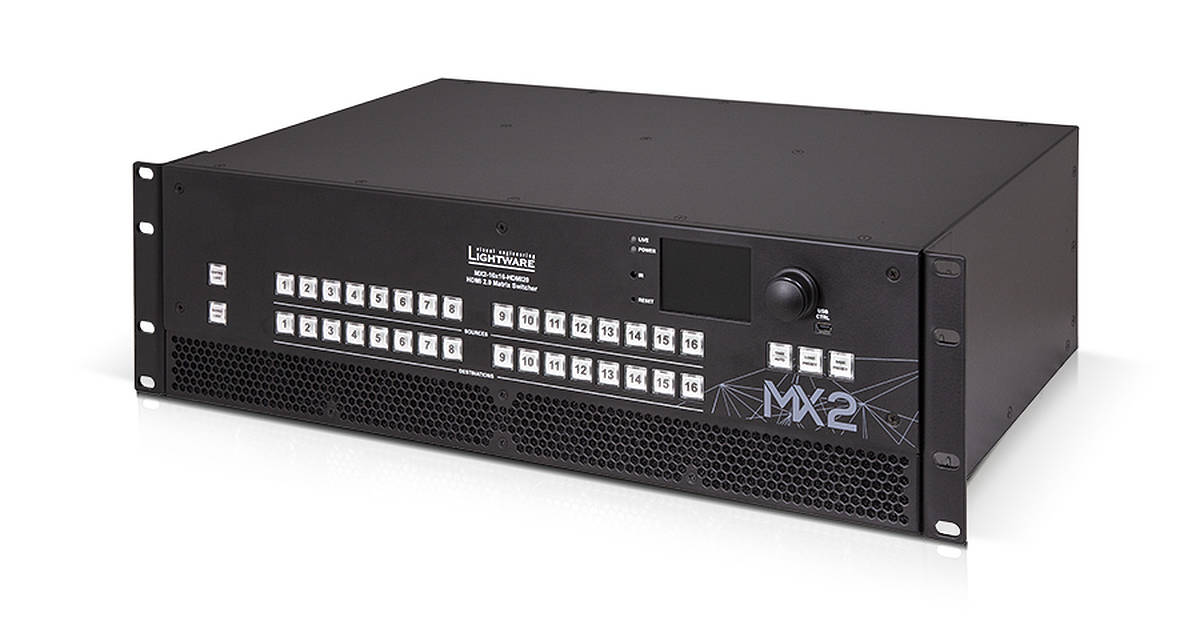 Lightware MX2-16x16-HDMI20 16×16 4K HDMI 2.0 Matrix Switcher with Ethernet/RS-232/Button/LCD Menu control product image. Click to enlarge.