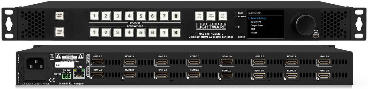 Lightware MX2-8x8-HDMI20-L 8×8 HDMI 2.0 4K Matrix Switcher with Ethernet/RS-232/Button control product image. Click to enlarge.