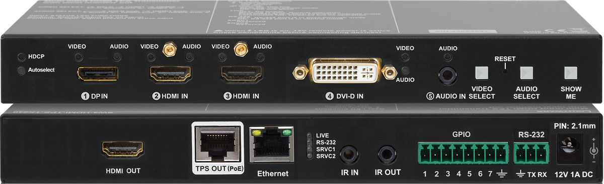 Lightware SW4-TPS-TX240 4:1×2 TPS HDBaseT switcher and transmitter for DisplayPort, HDMI and DVI with local monitor out product image. Click to enlarge.