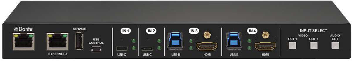 Lightware UCX-4x2-HC30D 4×2 Taurus HDMI 2.0 and USB 3.1 Switcher with USB 3.1 Switch Hub and DANTE product image. Click to enlarge.