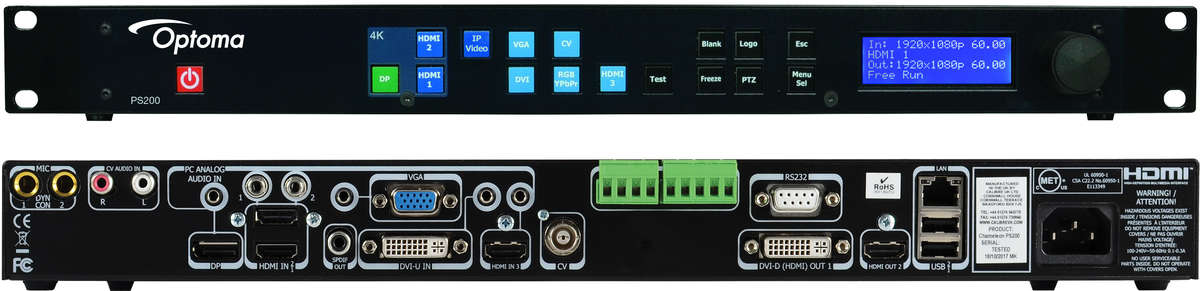 Optoma PS200 7:1×2 Presentation Switcher/Scaler with HDMI and DVI-D outputs product image. Click to enlarge.