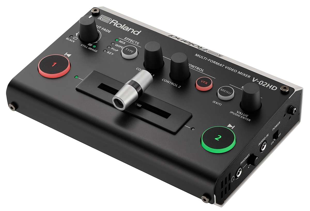 Roland V-02HD 2:1 HDMI Switcher Scaler with audio processing and video effects product image. Click to enlarge.