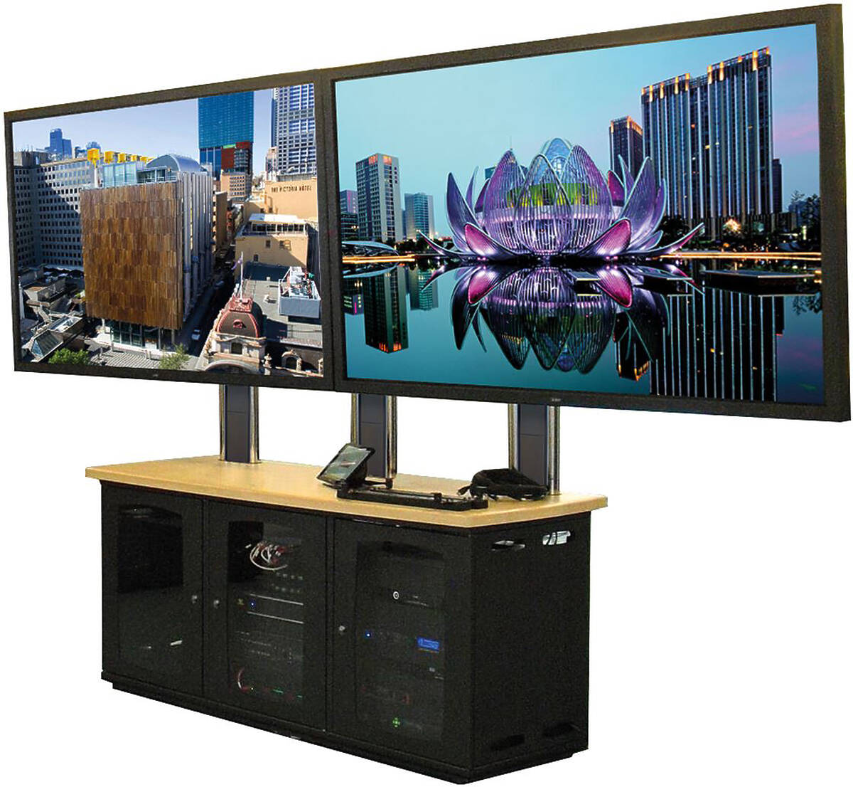 Unicol AVRHD3 Dual heavy duty display unit with triple 19" cabinet credenza product image. Click to enlarge.