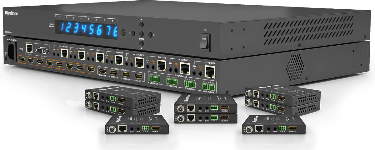 WyreStorm MX-0808-KIT-V2 8×8 4K HDMI to HDBaseT Matrix Switcher with output down scaling, includes receivers product image. Click to enlarge.