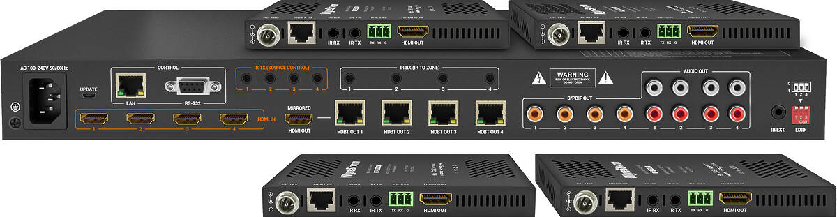 WyreStorm MXV-0404-H2A-KIT 4×4 4K UHD HDMI / PoH / CEC to HDBaseT Matrix Switcher with Receivers product image. Click to enlarge.