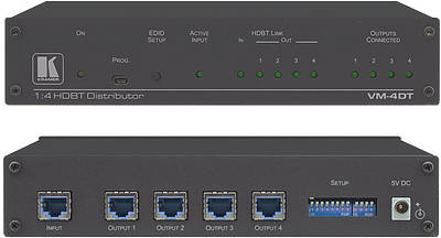 HDBaseT splitters/distribution amplifiers allow HDBaseT signals to be split amongst several displays. They feature one or more source inputs and multiple HDBaseT outputs.